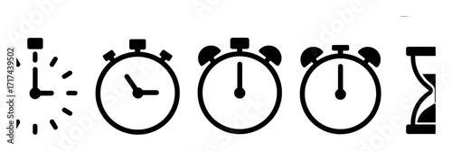 Collection of Timekeeping Icons: Clocks, Stopwatches, and Hourglass