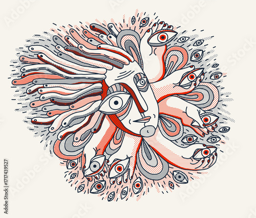 Abstract face vector art, illustration of face stylized artistic style, human abstraction art, surreal and bizarre portrait.