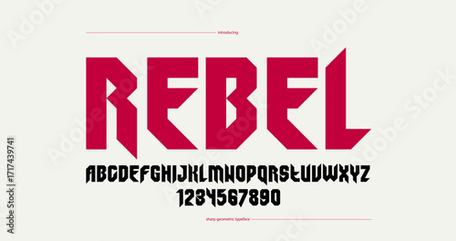 Sharp and bold vector display font for logo, gothic or heavy metal style modern typeface, edgy hard rock letters and numbers alphabet for titles or slogans, heavy typography.