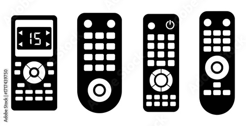 Four Black and White Icons of Remote Controls with Different Button Layouts