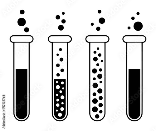 Four Black and White Test Tubes with Bubbles and Liquid