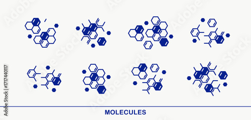 Molecules vector icons set, chemistry science molecular microscopic structures, laboratory experiment and education.