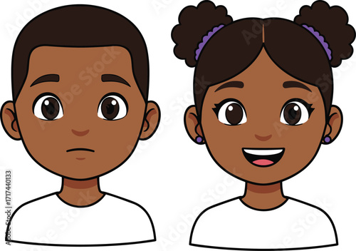 cartoon african american boy and girl faces, cute black children vector, smiling girl illustration, serious boy character, adorable kids clipart