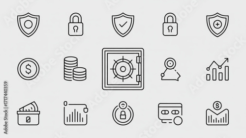 Financial security and investment strategy icons for banking and asset management services protection and growth