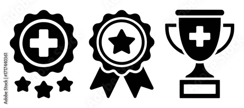 Medical Achievement Icons: Award Ribbons, Stars, and Trophy with Cross