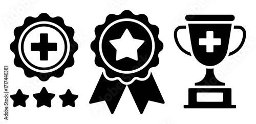 Medical Achievement Icons: Trophy, Ribbons, Stars, and Cross Symbols