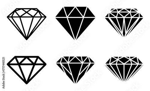 Six Black Diamond Icons: Outline, Solid, and Faceted Styles