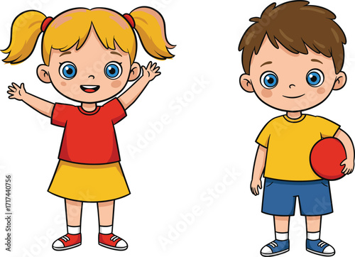 Cartoon boy and girl illustration, children character design, cute kids standing, happy expressions, colorful outfits, childhood play, educational cartoon art