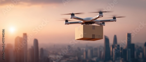Aerial Delivery Innovation: A drone soars through a city skyline, carrying a package, capturing the future of logistics and automated delivery against a stunning sunset, symbolizing efficiency.