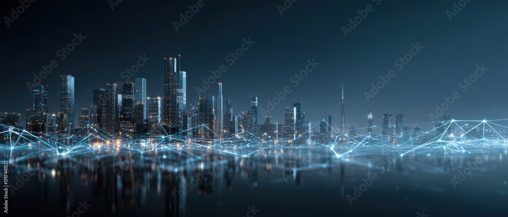 Obraz premium Cyber City Nightscape: A futuristic cityscape glows with interconnected networks, showcasing the technological advancements of a modern metropolis during the twilight hours.