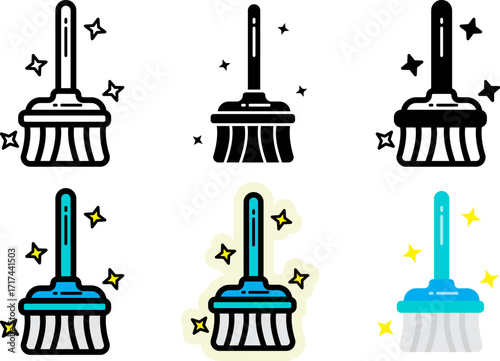 broom icons set monochrome and colorful variations