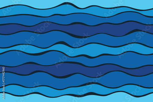 Seamless background with sea waves. Flat vector illustration of a turbulent sea. Shades of blue and black wavy lines. Pattern for summer nautical design, wallpaper, and paper.