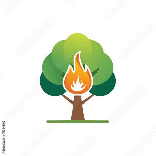Green Tree on Fire Icon Symbolizes Environmental Concerns, Forest Destruction