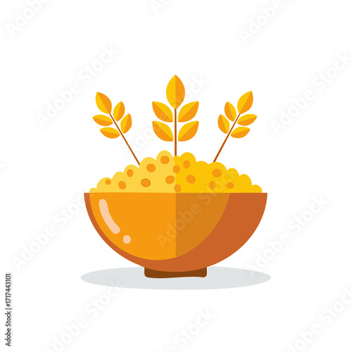 Oatmeal Bowl with Wheat Stalks Cartoon Illustration Breakfast Food Symbol