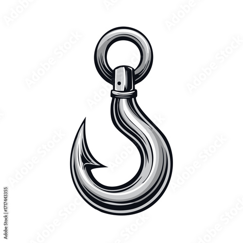 Vintage-style metal hook graphic with ring and detail, isolated