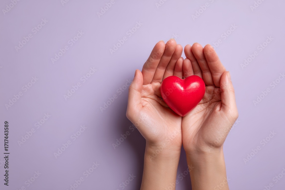 Fototapeta premium A small, vibrant red heart held gently within two outstretched hands against a soft lavender backdrop.