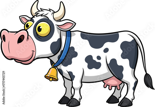 Cartoon cow illustration, cute dairy animal with bell, happy farm cattle, funny livestock character, adorable cow mascot design for children