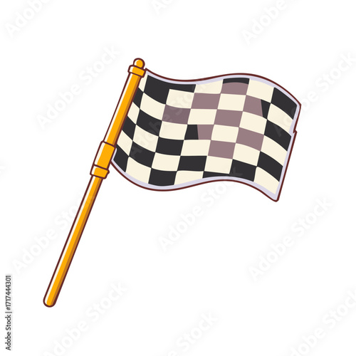 Illustration of a waving checkerboard flag with gold pole, racing or finish concept.