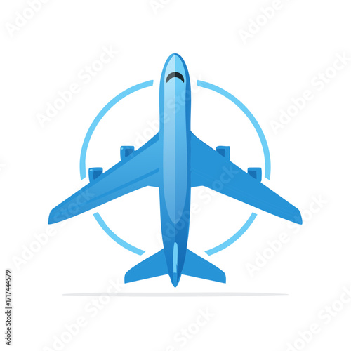 Modern blue passenger airplane icon in top view for travel and airline logo