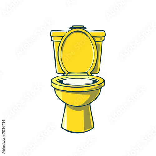 Yellow toilet cartoon illustration with open lid, bathroom fixture design.