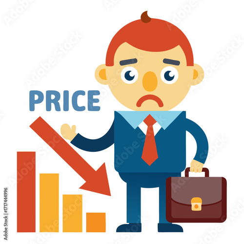 Sad businessman facing declining prices and falling stock market graph