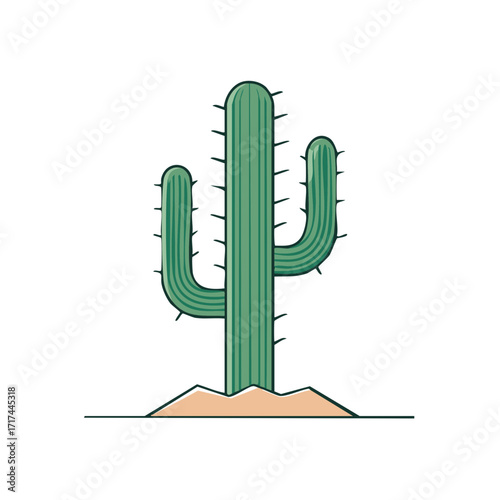 Stylized Green Cactus on Sand Illustration with Simple Line Work, Desert Plant Design