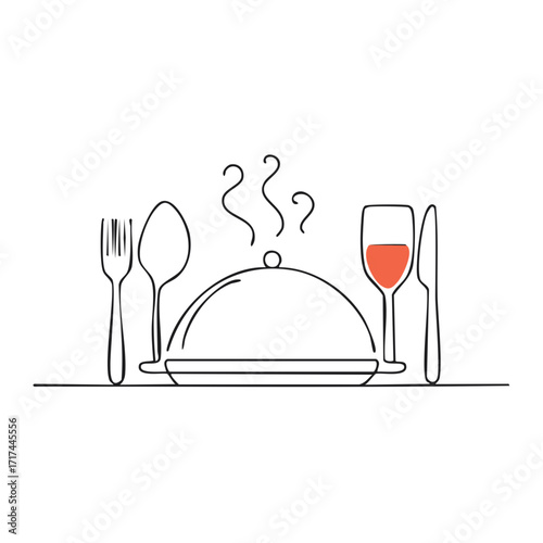 Restaurant Setting with Covered Dish Wine Glass and Utensils Simple Line Art Illustration