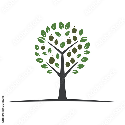 Stylized illustration of a tree with leaves and fruit