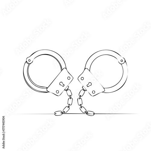 Clean line art illustration of shiny metal handcuffs connected by a chain