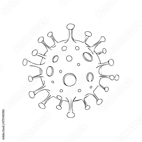 Single coronavirus cell linear illustration, viral infection spreading concept for health awareness and science education resources