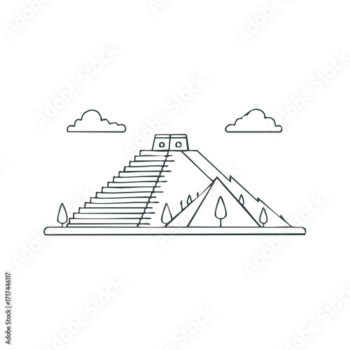 Line drawing of ancient pyramid with staircase, trees, and clouds. Outline illustration of archaeological site.