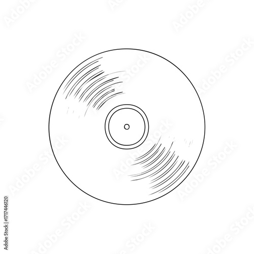 Black and white minimalist drawing of a traditional gramophone record for musical concepts