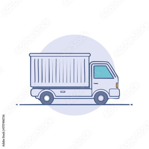 Cartoon illustration of delivery truck on light blue background, cargo van or lorry