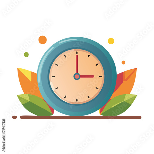 Modern Clock Graphic, Leaves, and Colorful Dots Decoration on White
