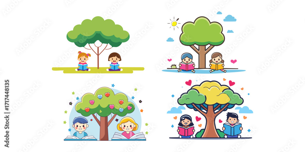 Fototapeta premium A delightful collection of four cartoon illustrations showing children reading books under a tree, symbolizing education, imagination, and a love for learning