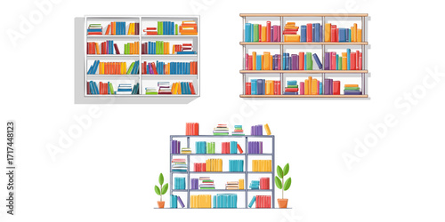 Vibrant vector illustrations of modern bookshelves filled with colorful books and small plants, representing education, learning, and a cozy home library concept