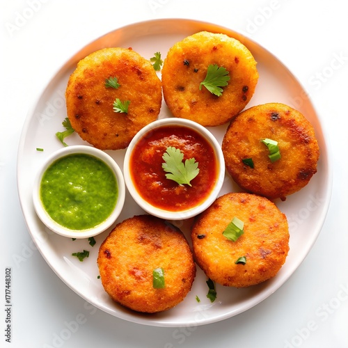 Delicious Indian Aloo Tikki Served with Chutney  in a white plate  top down view with white background