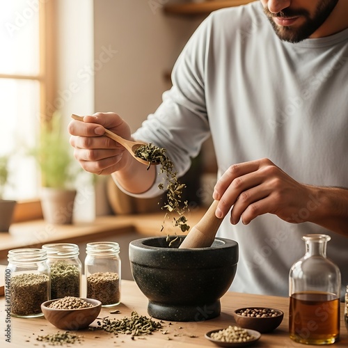 Man Preparing Herbal Mixture in Mortar and Pestle.