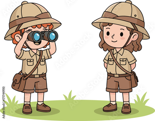 Cartoon kids in safari outfit, boy and girl explorers, wearing hats, binoculars, adventure costumes, jungle background, outdoor wildlife exploration illustration