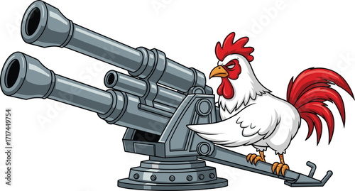 Cartoon rooster with cannon, funny chicken illustration, aggressive farm animal mascot, armed rooster character, creative military poultry design for entertainment