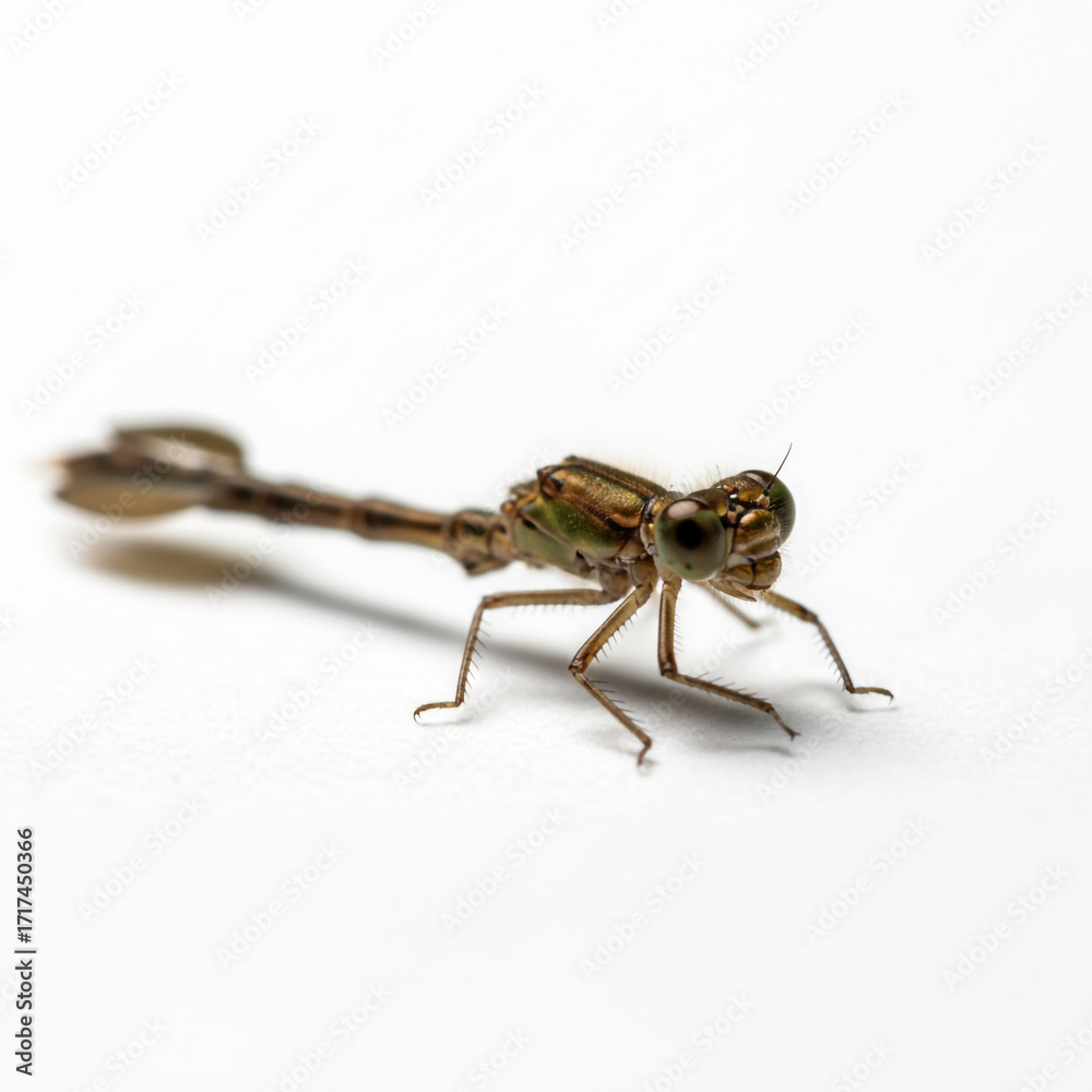 Fototapeta premium Delicate damselfly nymph in macro detail, a study of nature's intricate beauty, perfect for educational or scientific publications and insect enthusiasts