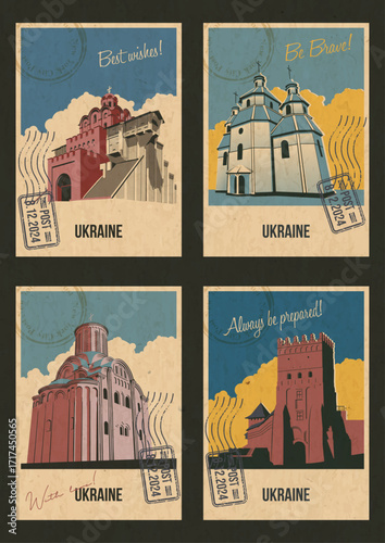 Main Ukraine Attractions. The Golden Gate of Kyiv, Kievan Rus Fortress, Zaporozhian Sich Church, Chernihiv Piatnytska Church, Lutsk Lubart's Castle. Retro Postcard Style Illustration. Paper Texture
