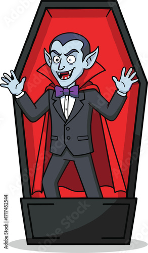 Cartoon vampire character in coffin, Halloween Dracula illustration, spooky monster design, scary night creature, horror fantasy artwork, gothic undead costume figure
