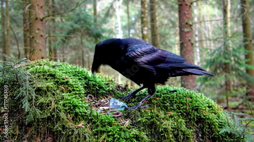 One raven foraging for trinkets on mossy forest floor. Raven on moss with jewelry.
