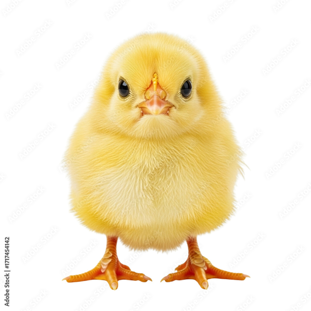 Obraz premium Adorable fluffy yellow baby chick standing against a white background