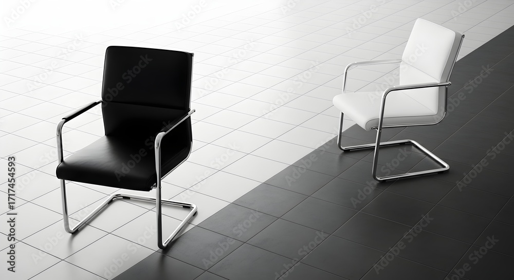 Obraz premium Modern Office Furniture: Black and White Chairs on Contrasting Tiles, Minimalist Interior, Business Waiting Area