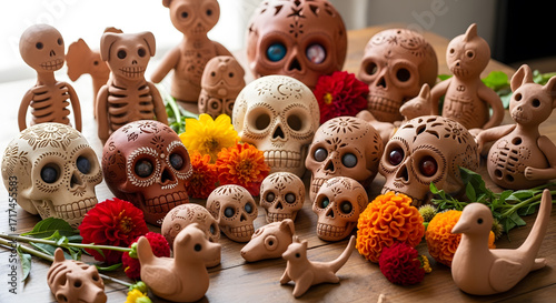 Realistic Day of the Dead Display with Clay Skulls Figurines and Vibrant Flowers