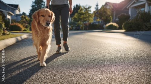 A Person Walking a Golden Retriever Dog Along a Sunlit Residential Street Surrounded by Lush Greenery and Beautiful Homes in the Evening Light