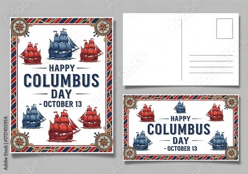 Columbus day celebration with vintage ships and decorative borders