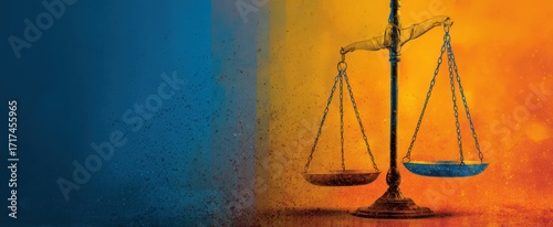 The Symbol of Justice: A Balance Scale Set Against a Vivid Orange and Blue Gradient Background Reflecting Law and Equity